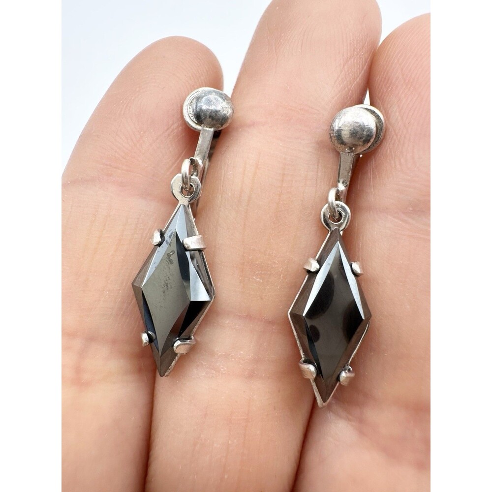 Vintage Sterling Silver Hematite Earrings Diamond Shape Screw Back